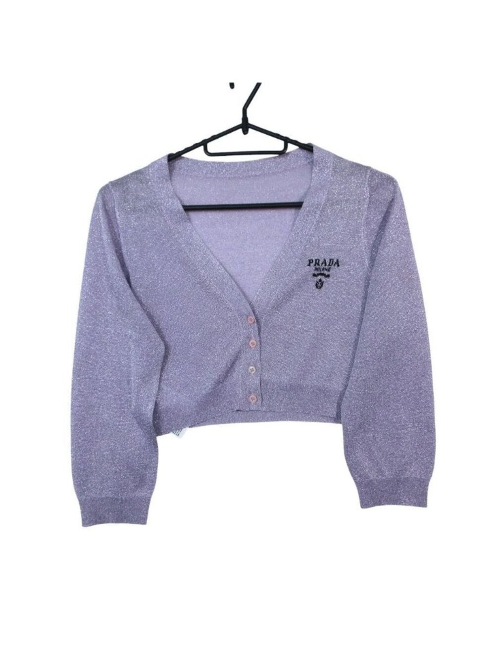 Prada Crop Rex Cardigan Long Sleeve Short Length Lame Logo Sheer 38 S Purple